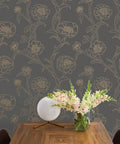 Noir And Metallic Gold Peonies Removable Peel And Stick Floral Wallpaper For Walls, Self-Adhesive, Slate Gray Backdrop