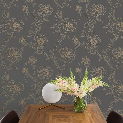Noir And Metallic Gold Peonies Removable Peel And Stick Floral Wallpaper For Walls, Self-Adhesive, Slate Gray Backdrop