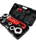 Heavy Duty Portable Electric Pipe Threading Machine With Six Premium Carbon Steel Dies, red motor and dies in case.