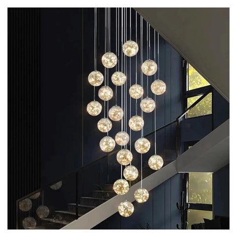 Modern Stair Chandelier Pendant Lights Indoor Lighting Ceiling Lamp for Living Room Indoor Lighting with cascading glass orbs.