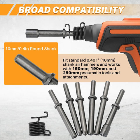 Smoothing Air Hammer Bits Set For Tire Repair And Sheet Metal Riveting 7 Piece 0.401 Inch Shank with spring on display