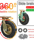 Pro Grade Heavy Duty Industrial Casters With Thick Pneumatic Rubber Tires Available In 8 Inch Or 10 Inch Swivel Brake Caster showing 360° rotation and side brake features.