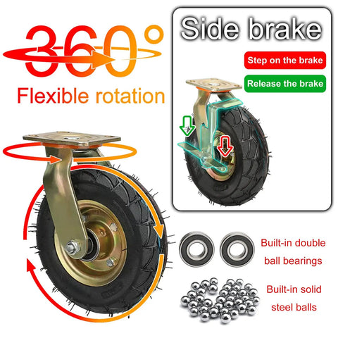 Pro Grade Heavy Duty Industrial Casters With Thick Pneumatic Rubber Tires Available In 8 Inch Or 10 Inch Swivel Brake Caster showing 360° rotation and side brake features.