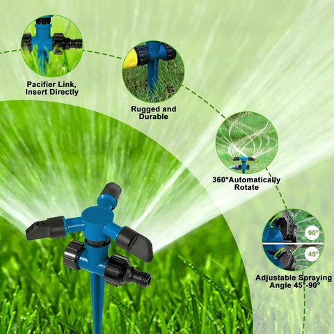 Diagram of No Fuss Automatic Lawn Sprinkler System with 3 adjustable swivel arms and 12 nozzles for 360-degree rotation on grass.