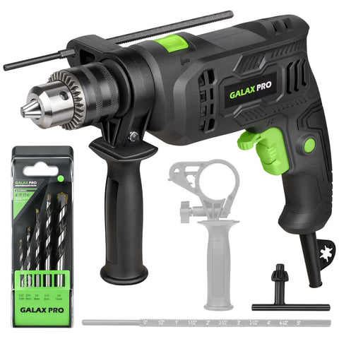 Beast Corded Hammer Drill With 4.5 Amp Motor 0 To 3000 RPM 1/2 Inch Keyed Metal Chuck 2 In 1 Hammer And Drill 360 Degree Rotating Handle Includes 5 Piece Bit Set For Wood Masonry And Metal.