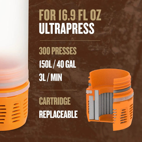 Diagram of UltraPress Replacement Purifier Cartridge for Portable Water Purifier Bottle Orange, showing 16.9 fl oz usage details.