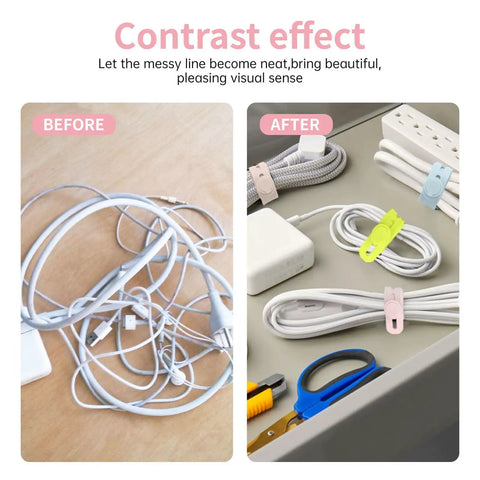Before and after using Colorful Silicone Cable Ties Set Of 25 Reusable High Elasticity Cord Wraps for neat cable management