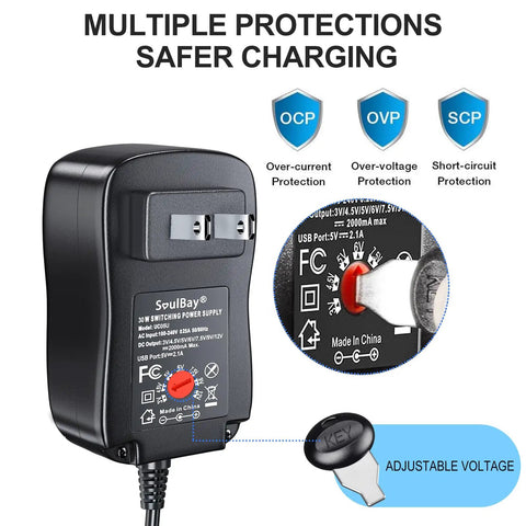 Universal 12V Power Supply Adapter With Adjustable Outputs 3V 4.5V 5V 6V 7.5V 9V 12V And 5V USB Port with protection features