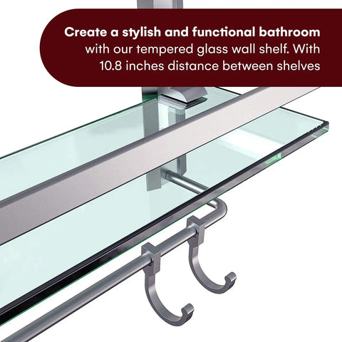 Close-up of 2 Tier Glass Wall Shelf With Integrated Towel Bar In Brushed Silver Finish, Wall Mounted Shower Storage, glass and metal details.