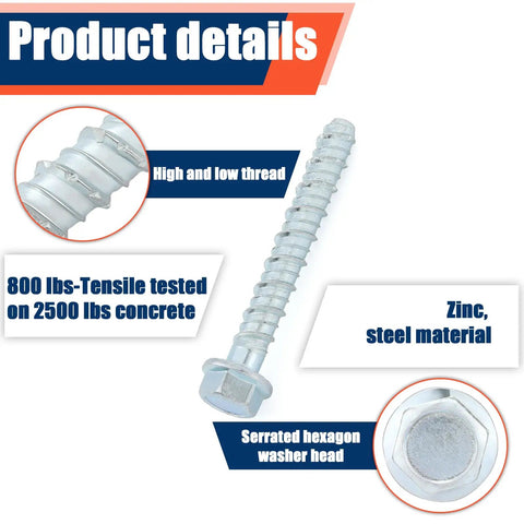 40 Pack Half Inch By 4 Inch Galvanized Concrete Screws Large Diameter Anchors For Masonry Brick Or Block Mounting Heavy Duty Fastening To Concrete Walls And Slabs