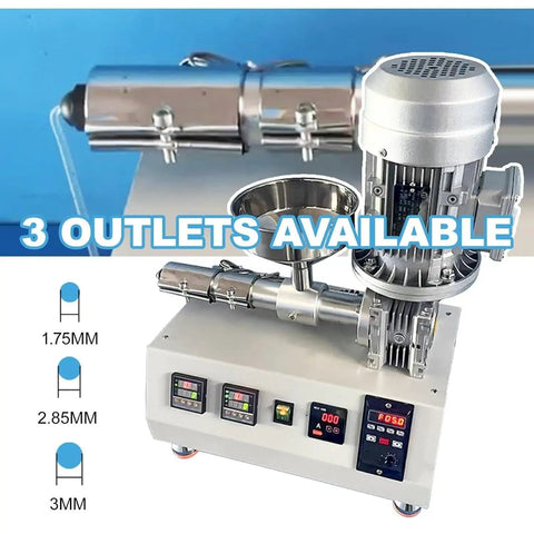 Desktop 3D Printer Filament Extruder Machine Harnesses 1000W Power And Single Screw Design To Convert Plastic Pellets Into Legit Filament Includes Thermostatic Control For A No Sweat Workflow And Reliable Prints with 3 outlets for 1.75mm, 2.85mm, and 3mm.
