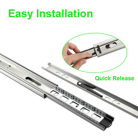 22 Inch Full Extension Ball Bearing Drawer Slides Set, 10 Pairs With Side Mount And Rear Brackets, 85 Lb Load Capacity, Includes Screws And Instructions For Face Frame Cabinets, Smooth Operation For DIYers And Easy Install shown in quick release feature