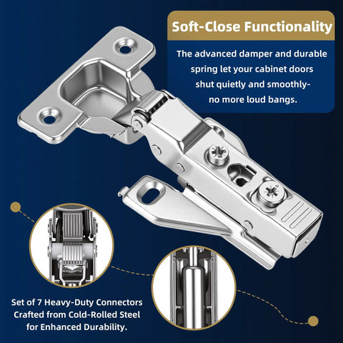 12 Pack Half Inch Overlay Soft Close Cabinet Hinges With Smooth As Butter Glide And No Sweat Clip On Swap Out For Top Notch Kitchen Cupboard Door Alignment Plus 3D Adjustability, showing a close-up of a durable steel hinge mechanism.
