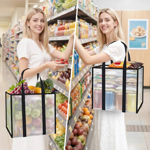 Four Pack Reusable Grocery Bags With Heavy Duty Handles Water Resistant And Foldable 33L Capacity Stands Upright Holds Up To 50 Lbs