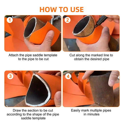 10 Piece Pipe Saddle Template Cutting Guide Set With Precision Wrap Around Pipe Notcher And Insulation Cutting Tool Kit For Accurate Arc Edge Tube Cutter Templates For Welding And Plumbing DN20mm To DN200mm being used on a pipe.