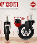 Smooth As Butter Three Inch Rollerblade Casters For Office And Gaming Chairs dimensions showing 360 degree glide and lock features.