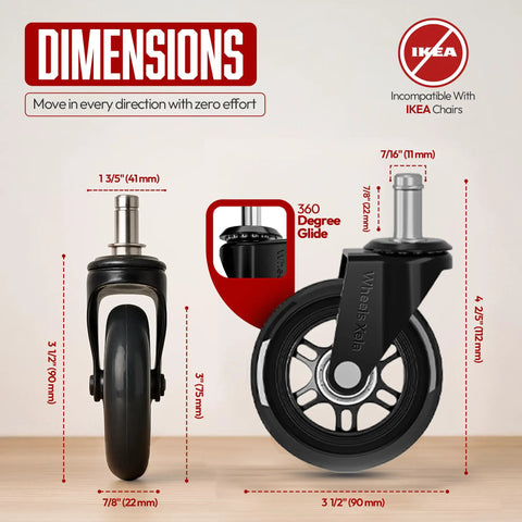 Smooth As Butter Three Inch Rollerblade Casters For Office And Gaming Chairs dimensions showing 360 degree glide and lock features.