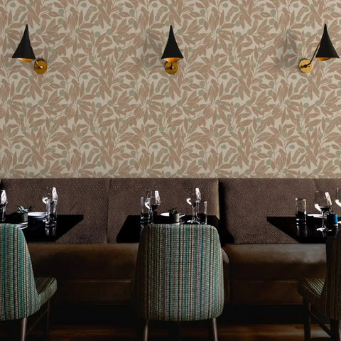 Top Shelf Rustic Botanical Vinyl Wallpaper With Subtle Leather Texture Heavy Duty Wallcovering in a restaurant setting.