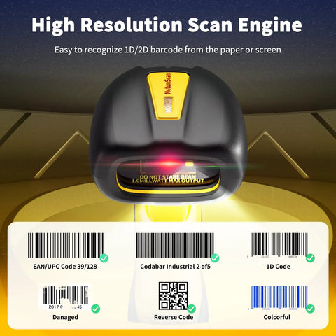 High resolution scanner of Rugged Industrial Bluetooth Barcode Scanner With QR And 2D And 1D Capability shown with barcode examples.