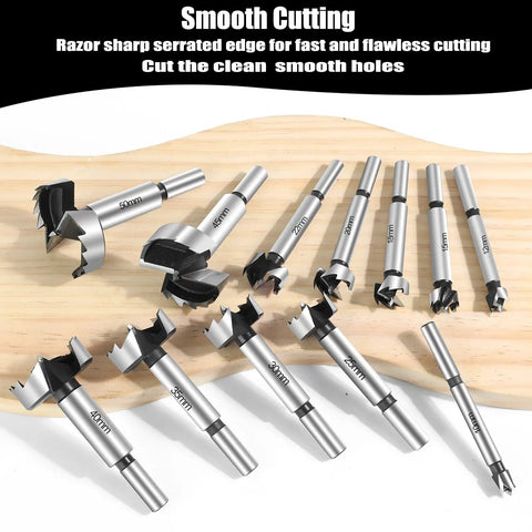 Premium 12 Piece Forstner Bit Set Crafted From Hardened High Speed Steel Precision Wood Drilling Tools 10Mm To 50Mm Range displayed on wood.