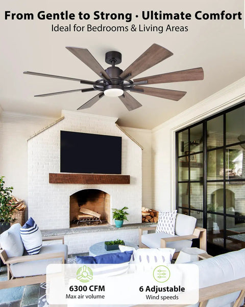 60 Inch Farmhouse Ceiling Fan With Light In Black Remote Control, Beast Airflow With Whisper Quiet DC Motor, Up To 6300 CFM, Energy Saving Up To 75 Percent, Perfect For Living Room, Bedroom, Or Covered Patio over a living room fireplace