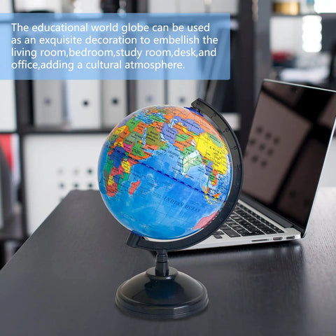 6 Inch Educational World Globe With Stand For Kids, Rotating Political World Map on desk with laptop in study room