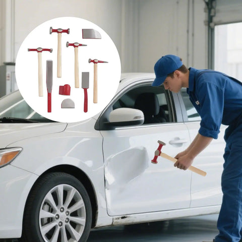 Mechanic using 9 Piece Auto Body Repair Tool Kit With Hammer And Dolly Set For Car Dents And Door Dings on white car dent