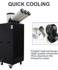 Heavy Duty Industrial Portable Air Conditioner 22500 BTU Mobile Spot Chiller With Straight Shot Column Outlet And Blazing High Velocity Airflow, featuring copper heat exchange tube and aluminum fan.