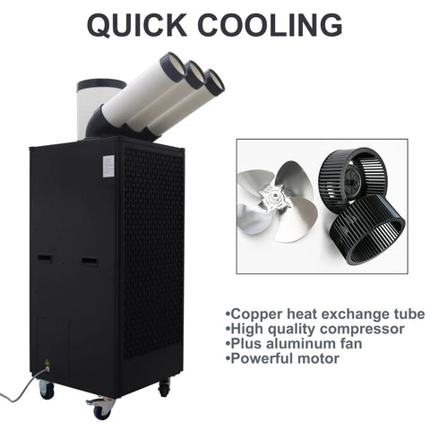 Heavy Duty Industrial Portable Air Conditioner 22500 BTU Mobile Spot Chiller With Straight Shot Column Outlet And Blazing High Velocity Airflow, featuring copper heat exchange tube and aluminum fan.