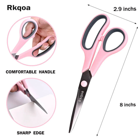6 Pack 8 Inch Multipurpose Comfort Grip Scissors Set With Colorful Handles Ergonomic Sharp Blades, pink handle close-up
