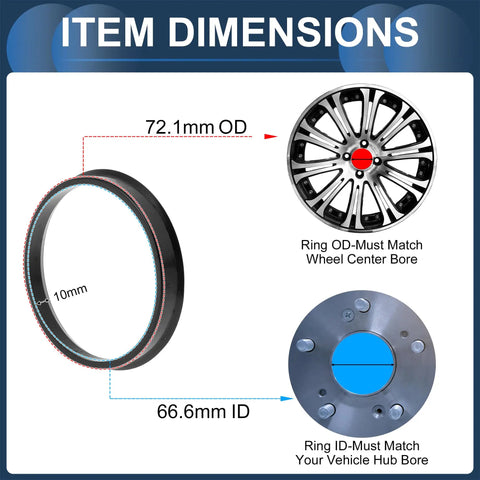 Item dimensions of Lock It Down With These Badass 72.1mm To 66.6mm Wheel Hub Centric Rings, showcasing black polycarbonate design.
