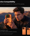 Man using Snap On Variable ND Filter For iPhone 17 Pro And Pro Max Ultra Lightweight 11.2g Deco Mount Reduces Light For Smooth Motion