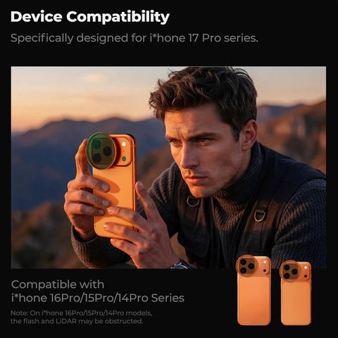 Man using Snap On Variable ND Filter For iPhone 17 Pro And Pro Max Ultra Lightweight 11.2g Deco Mount Reduces Light For Smooth Motion