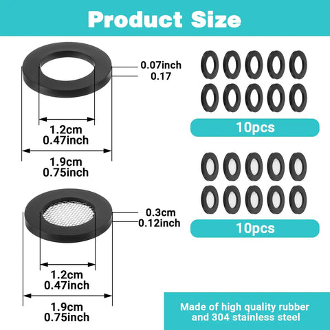 20 Piece Shower Head Filter Gasket Set Rubber Washers And Stainless Steel O Ring Hose Gaskets For Water Faucet Shower Head And Garden Hose Connectors Kit showing product size and material