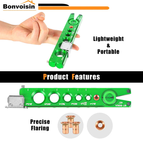 Hand holding Ratchet Flaring Tool 1/4 to 3/4 Inch Copper Flare Kit with 45 Degree Eccentric Cone, showing precise flaring features
