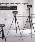Pro Grade 360 Degree Self Leveling Laser Level With Tripod And Carry Pouch Green Cross Line Laser For DIY Home Projects 100 Ft Bright Range With High Accuracy Perfect For Wall Tile Floors And Picture Hanging. 60 inch black tripod, 49 inch and 18.5 inch folded views