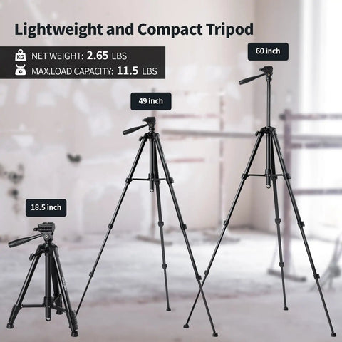 Pro Grade 360 Degree Self Leveling Laser Level With Tripod And Carry Pouch Green Cross Line Laser For DIY Home Projects 100 Ft Bright Range With High Accuracy Perfect For Wall Tile Floors And Picture Hanging. 60 inch black tripod, 49 inch and 18.5 inch folded views