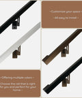 Top Shelf Modern Aluminum Handrail Grab Bar Kit With No Sweat Diy Install showing black, white, and bronze options mounted on walls.