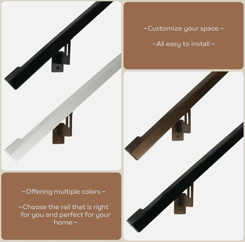 Top Shelf Modern Aluminum Handrail Grab Bar Kit With No Sweat Diy Install showing black, white, and bronze options mounted on walls.
