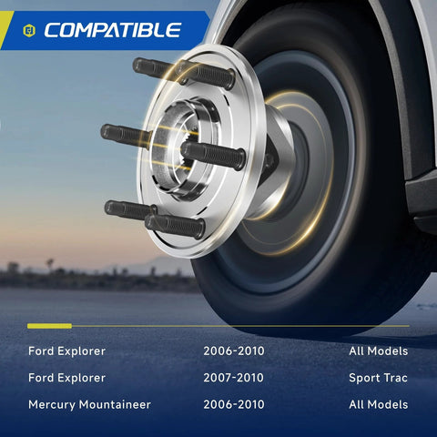 Beefed Up Front Wheel Bearing Hub Assembly 2 Pack For 2006 To 2010 Ford Explorer 2007 To 2010 Explorer Sport Trac And 2006 To 2010 Mercury Mountaineer 5 Lug With ABS OE Grade Replacement Ready To Install shown with vehicle tire and compatibility chart.
