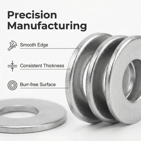 Rock Solid 304 Stainless Steel Flat Washers Heavy Duty Assorted Metric Hardware Kit With M2 Through M10 Sizes Rust Resistant Screws And Bolts Built Toughest For Industrial Work And Garage Projects That Never Quit, showing precision manufacturing details.