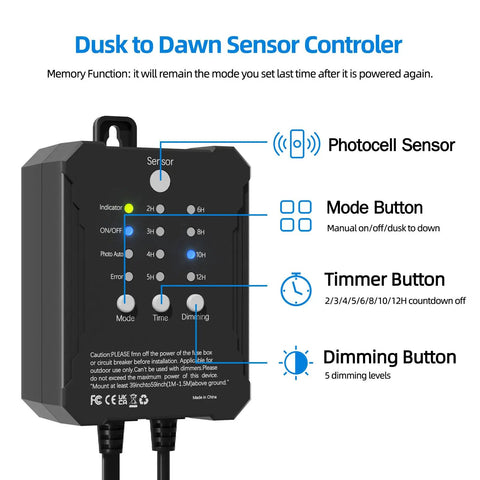 Diagram of dusk to dawn sensor controller for No Fuss All In One Low Voltage Landscape Lighting Kit with labeled buttons
