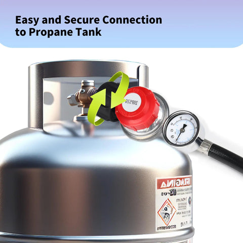 8 Feet High Pressure Propane Regulator With 20 Psi Adjustability And Hose QCC1 Connection on propane tank close-up
