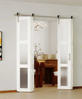 Frosted Glass Bifold Closet Doors Kit 60 Inch By 84 Inch Three Lite Panels with Brushed Nickel Sliding Hardware installed in room