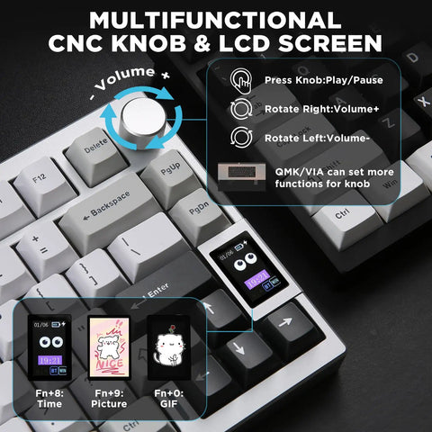Close-up of Slick Pro Wireless Aluminum 75 Percent Mechanical Keyboard with multifunctional CNC knob and LCD screen.
