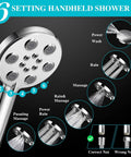 Bangin High Pressure Rain Shower Head With Handheld Kit showing 6 spray settings and connection nuts