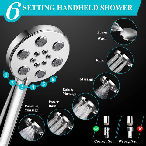 Bangin High Pressure Rain Shower Head With Handheld Kit showing 6 spray settings and connection nuts