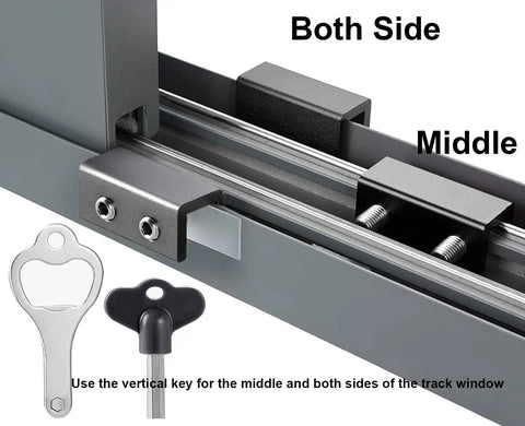 Lock Up Your Spot Tight With These Heavy Duty Black Window Locks 4 Pack showing installation on sliding door track with keys.