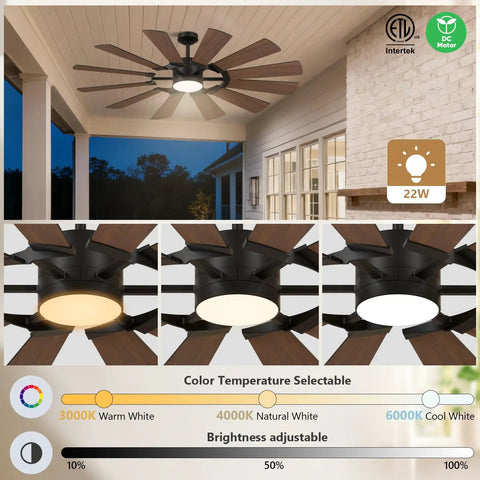 72 Inch Farmhouse Ceiling Fan With Light, Industrial Dual Finish Black And Walnut Blades, 3 CCT Light Modes Displayed