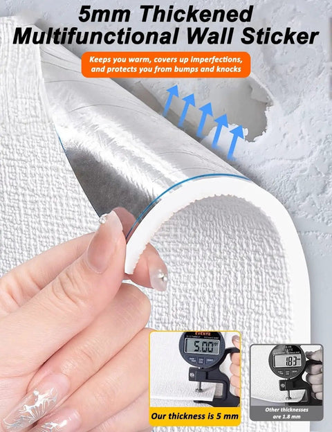 Game Changing 5 Mm Thick Thermal Insulation Wallpaper Roll Self Adhesive Cold Wall Patch No Sweat Setup showing thickness measurement and texture.